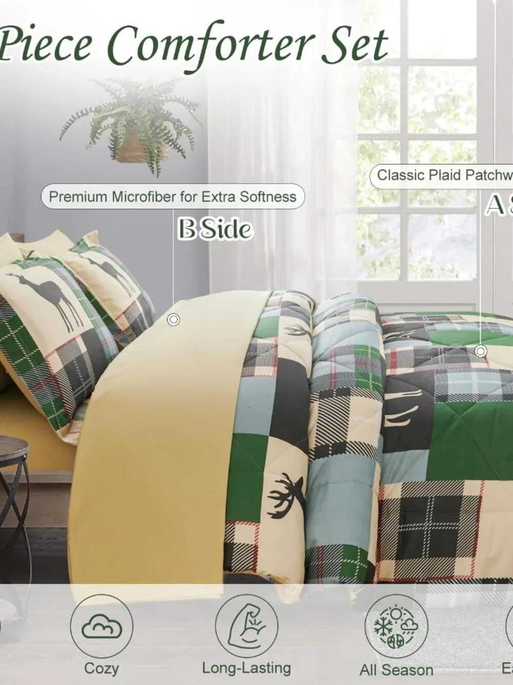 Rustic Green Plaid Patchwork 7-Pc Comforter Set | Queen King Bed In A Bag